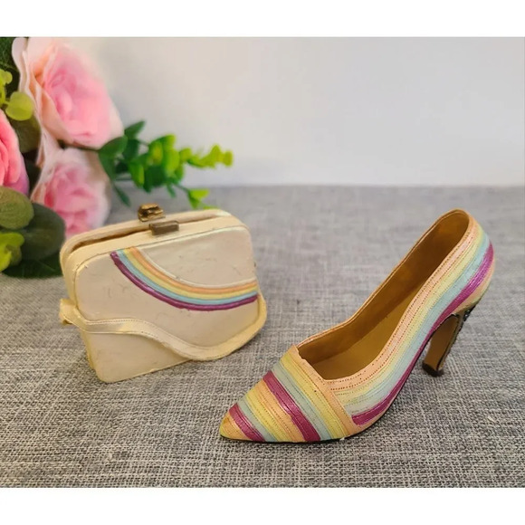 Vintage Miniature Nostalgia Decorative Handbag & Shoe Beige Rainbow, Knick Knack - Picture 1 of 6